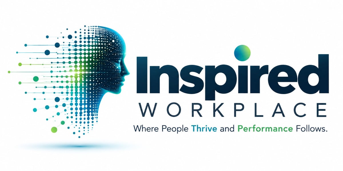 Inspired Workplace logo — pixelated head profile in blue and green with tagline Where People Thrive and Performance Follows.